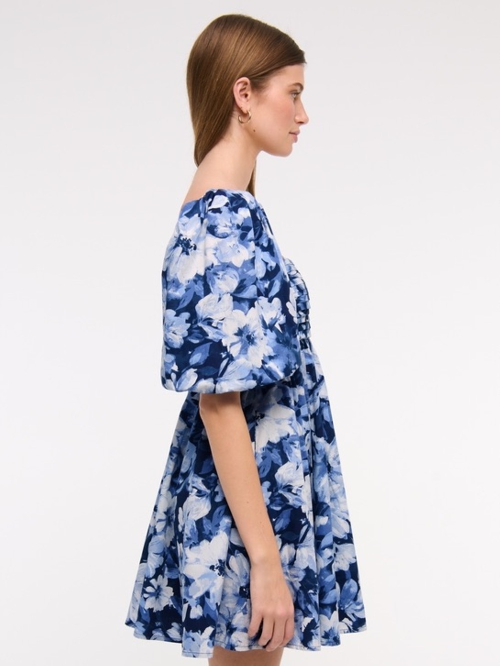 Abercrombie & Fitch Blue Linen Blend Floral Puff-Sleeve Emerson Dress Sz. L - Picture 4 of 14